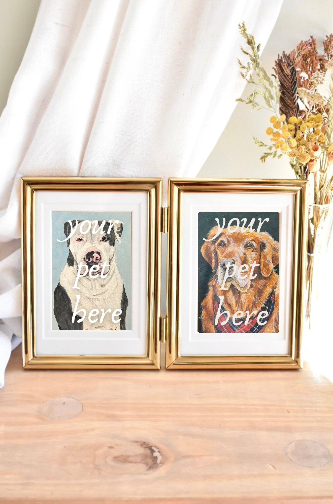 medium duo brass frame - custom pet portrait set