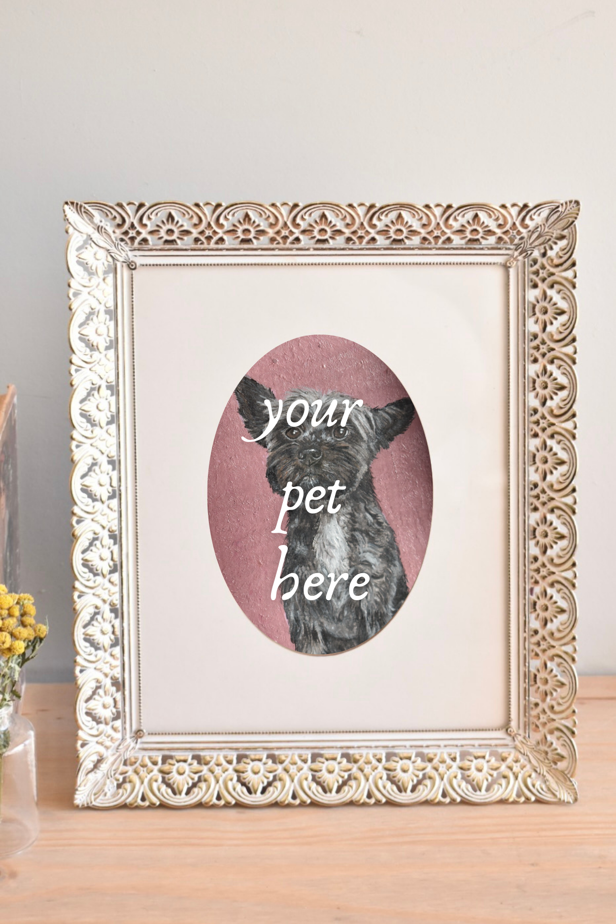 large ornate oval mat brass frame - custom pet portrait