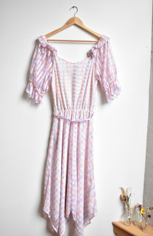 80s pink gingham puff sleeve dress • S