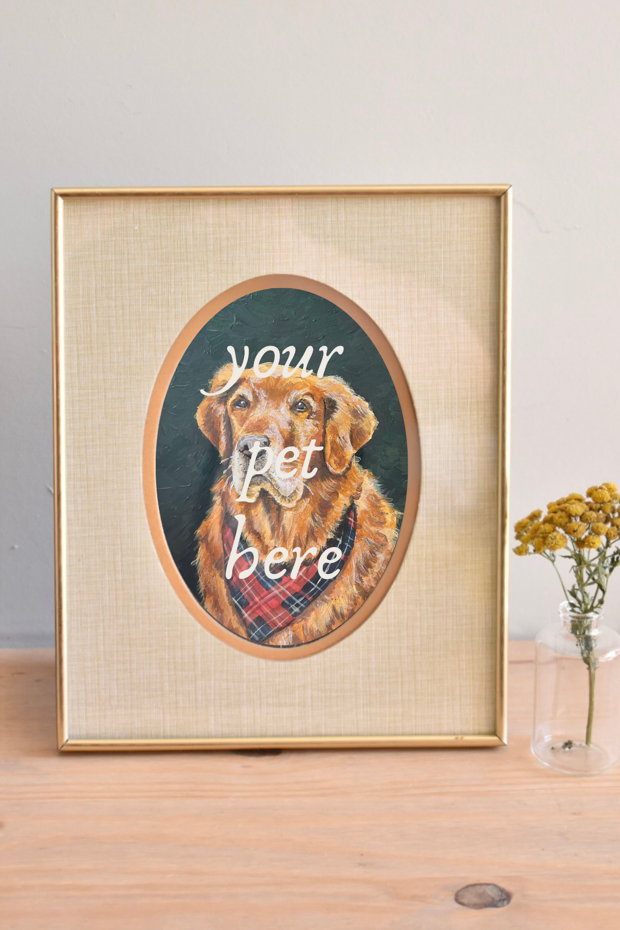 large oval mat brass frame - custom pet portrait