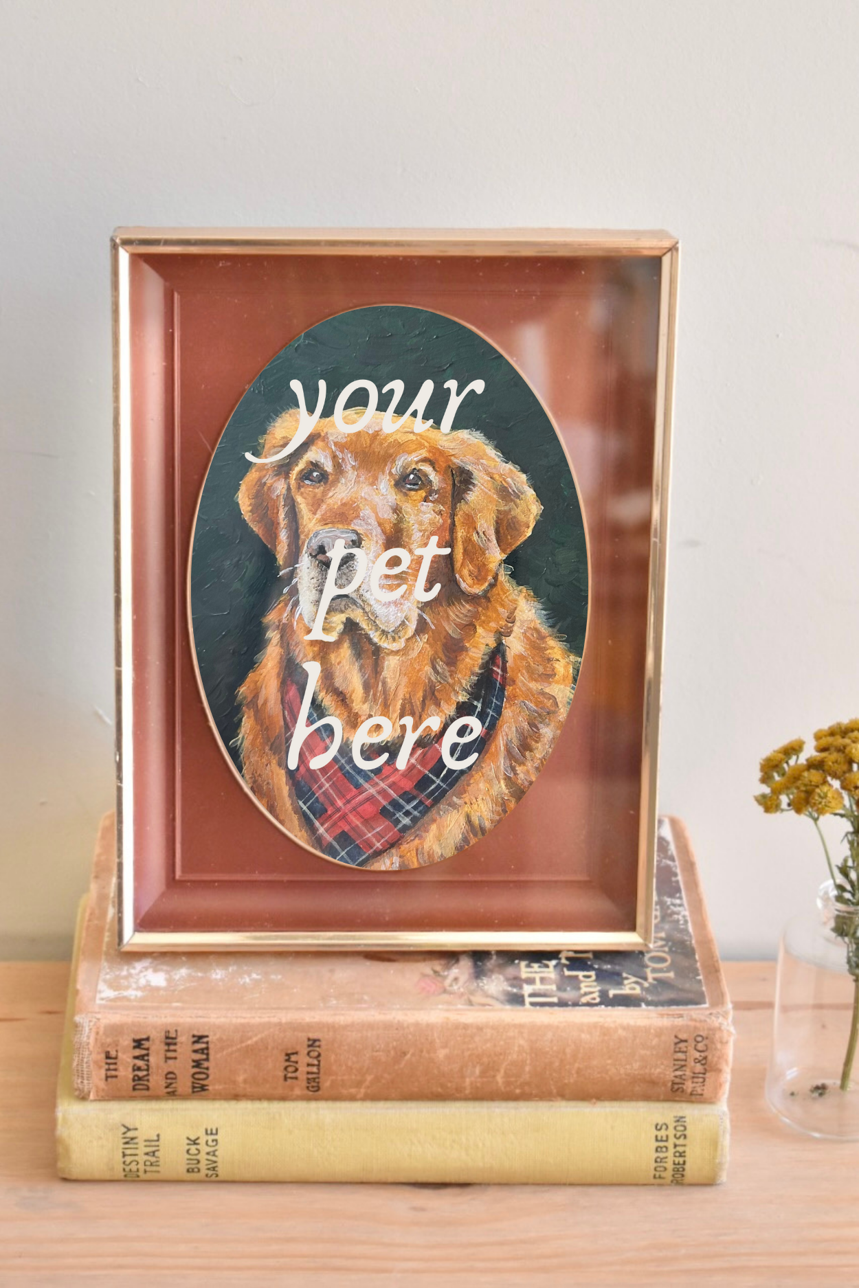 medium-large oval mat shadow box brass frame - custom pet portrait