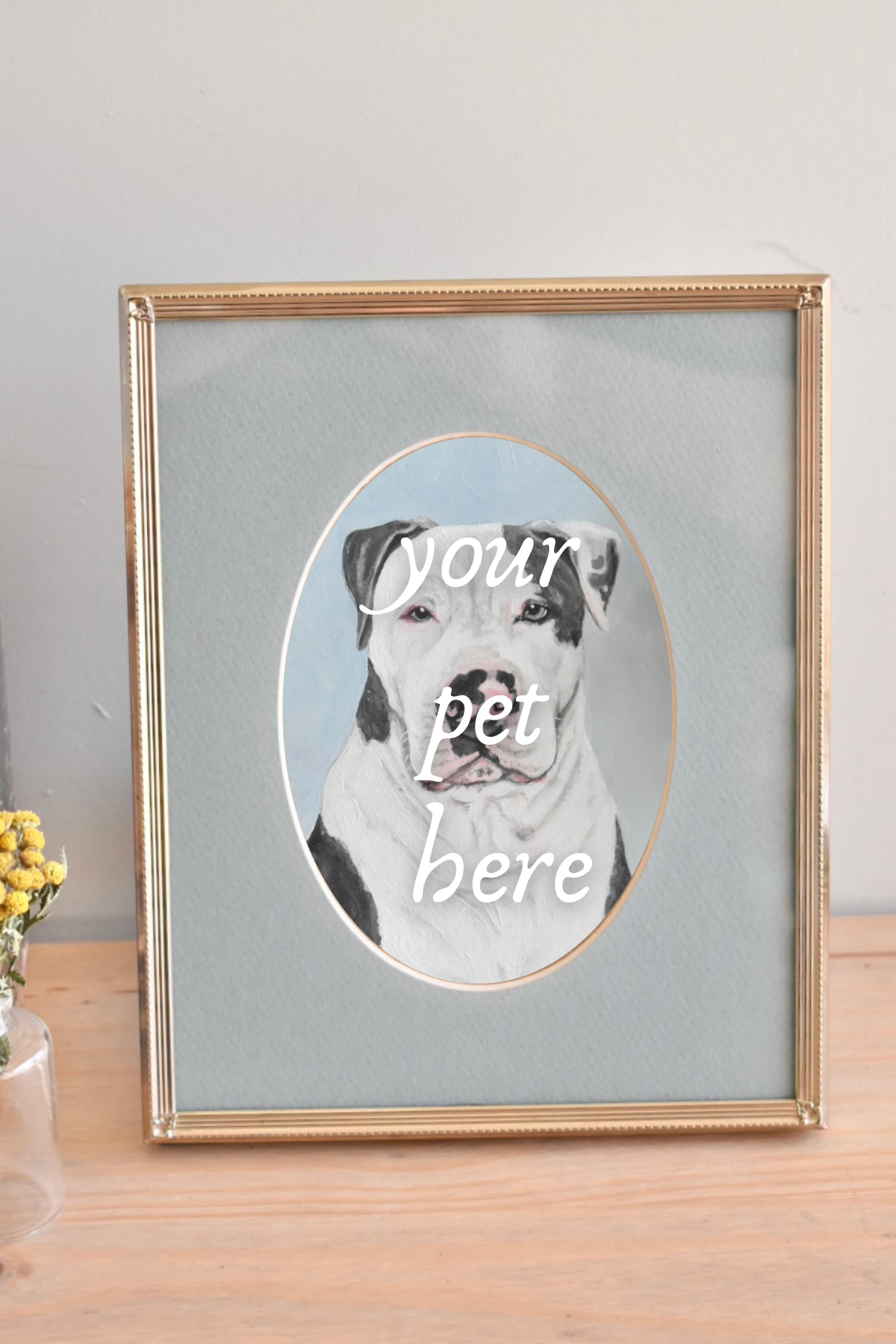 large oval mat brass frame - custom pet portrait