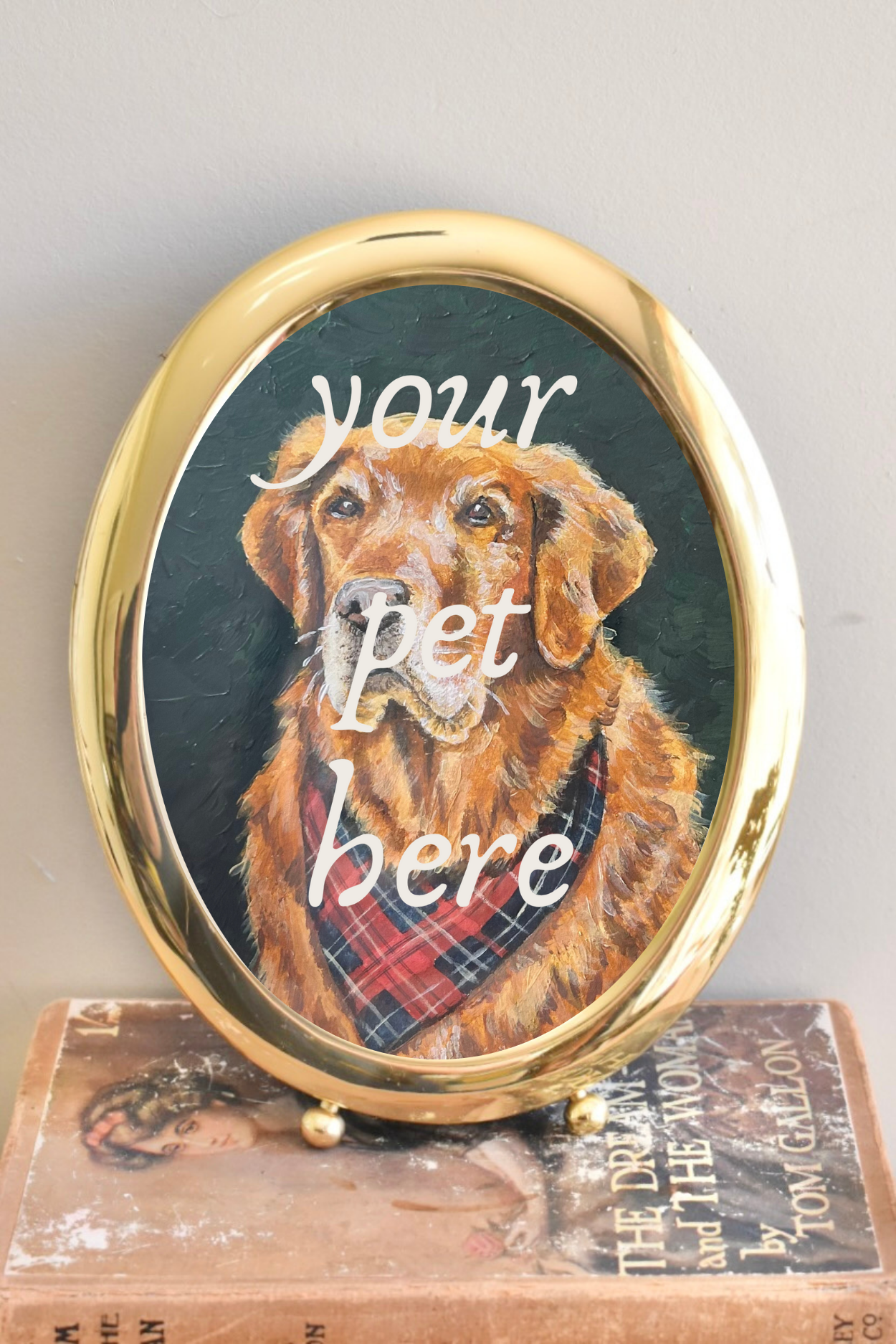 medium-large oval brass frame - custom pet portrait