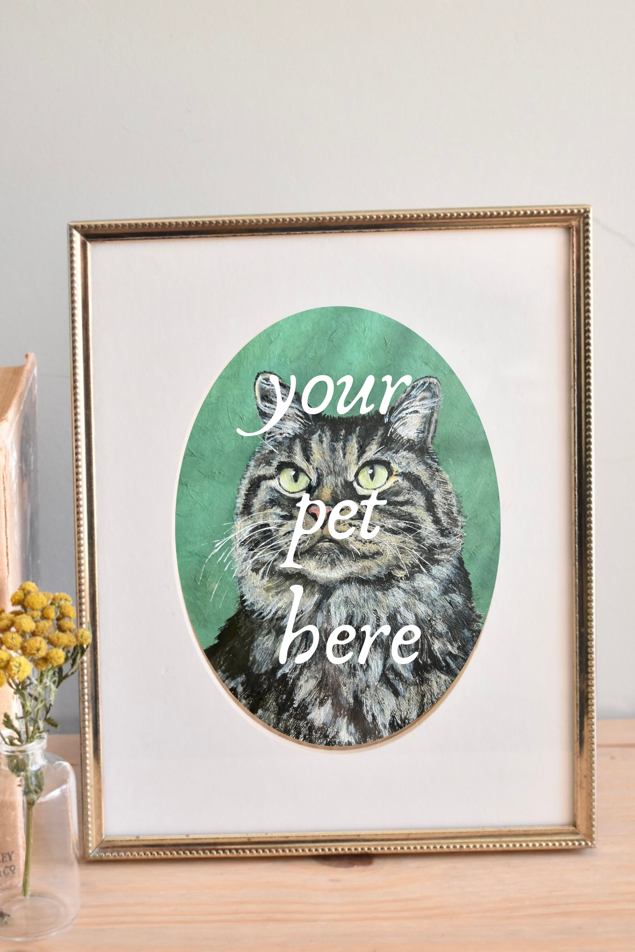 large oval mat brass frame - custom pet portrait