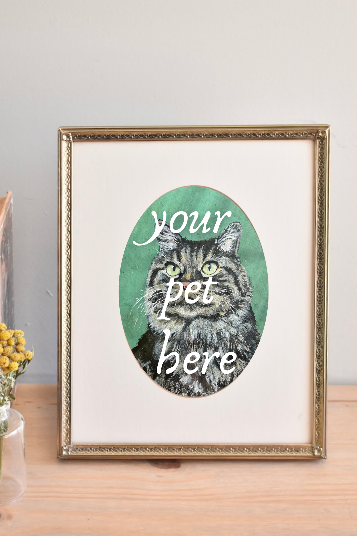 large oval mat brass frame - custom pet portrait
