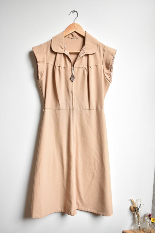 70s beige zip dress • S