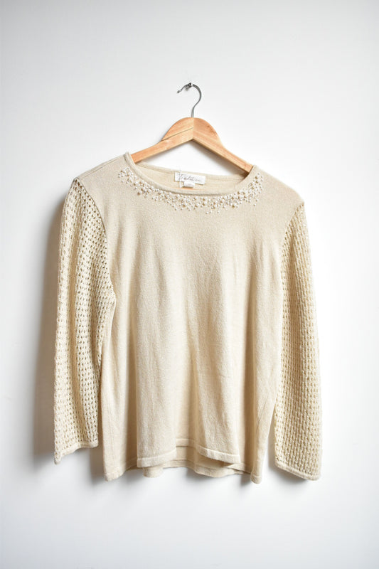 beachy beige knit shirt with beaded detail • L