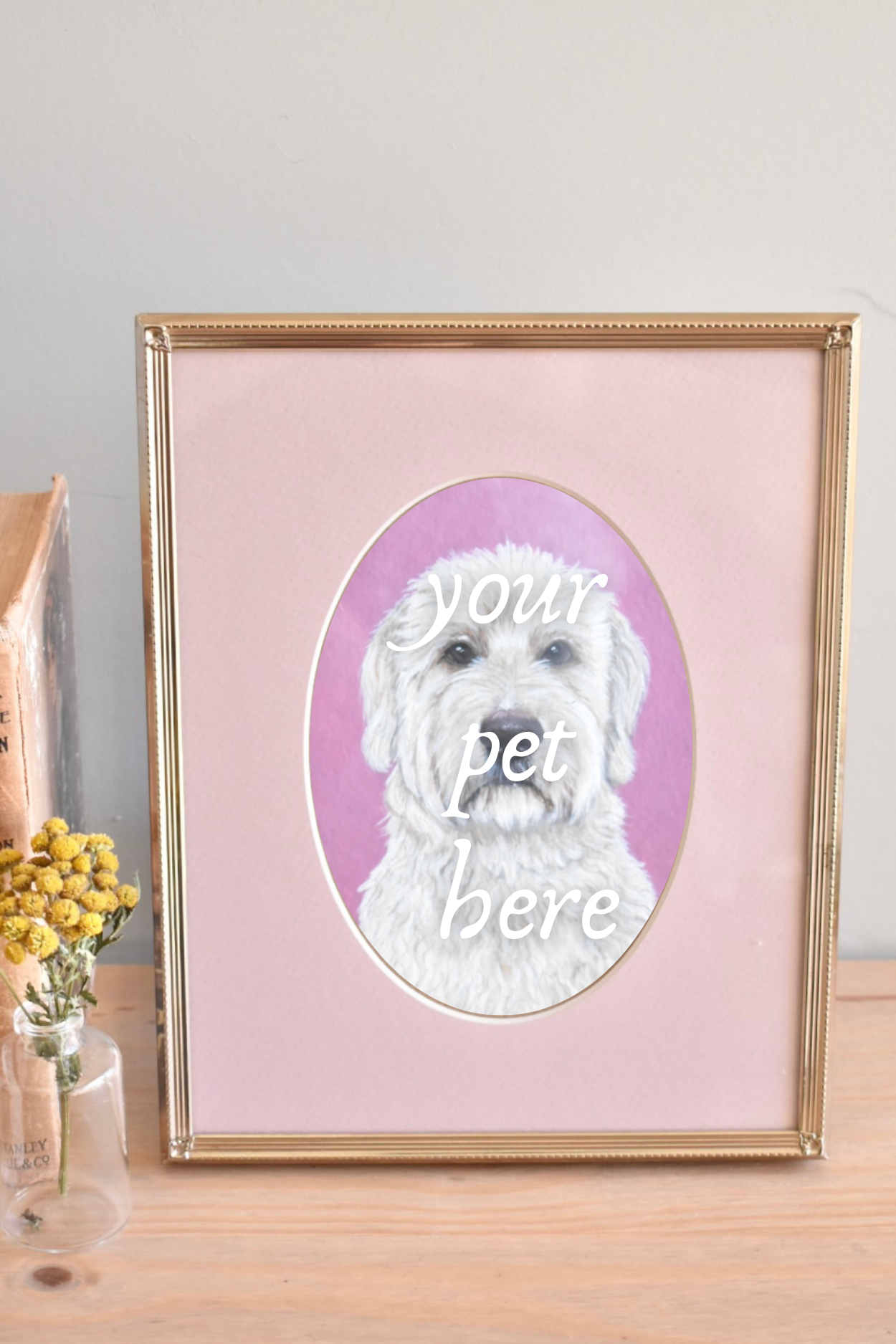 large oval mat brass frame - custom pet portrait