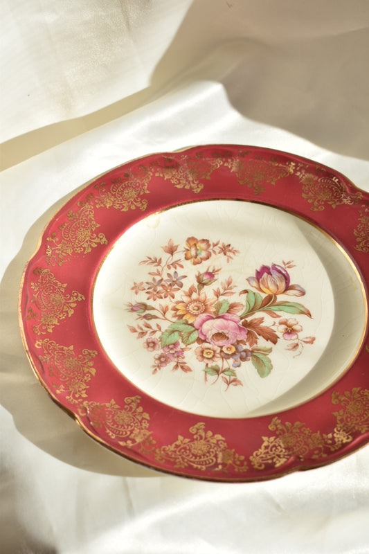 red & white floral gold ceramic dish